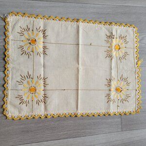 Vintage Hand-Embroidered Linen Tablecloth Stand Cover With Yellow Daisy Design &